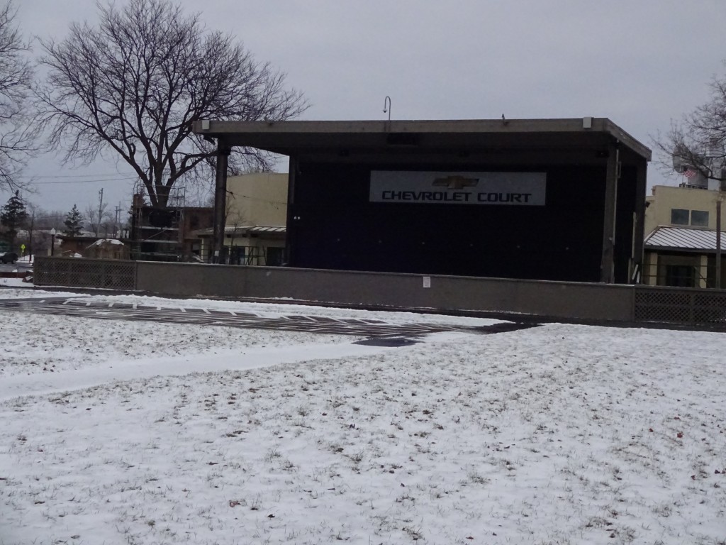 A winter weekend visit to the new York State Fairgrounds revealed snowy, deserted Chevrolet Court. In just over six months, sun-warmed benches and passionate fans will fill this space. 